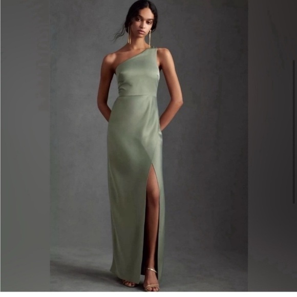 BHLDN Anthropologie Dylan One Shoulder Satin Side Slit Gown Green NEW Size 6 - Picture 11 of 13